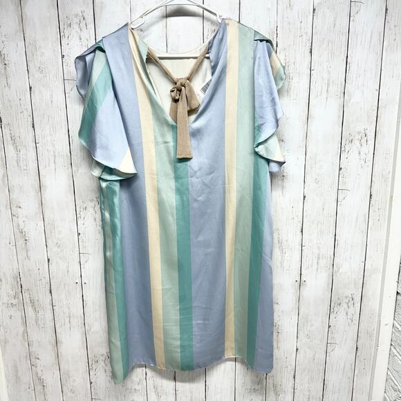 Mango Dress Women Size 8 Blue & Green Striped Shift Satin Finish Ruffled Sleeve - Picture 5 of 6